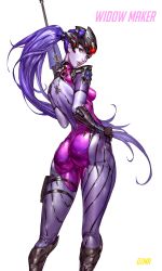 Rule 34 | 1girl, ass, bodysuit, breasts, colored skin, highres, long hair, looking at viewer, looking back, overwatch, overwatch 1, ozma, ponytail, purple hair, purple skin, shiny clothes, simple background, small breasts, solo, thighs, visor, white background, widowmaker (overwatch), yellow eyes