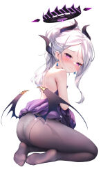 Rule 34 | 1girl, absurdres, ass, bare shoulders, blue archive, blush, breasts, chen bin, dress, earrings, grey pantyhose, hair ribbon, halo, highres, hina (blue archive), hina (dress) (blue archive), horns, jewelry, looking at viewer, medium hair, multiple horns, pantyhose, purple dress, purple eyes, ribbon, small breasts, solo, swept bangs, thighs, white hair, wings
