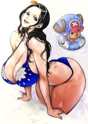 Rule 34 | 1boy, 1girl, absurdres, afloat, arm support, ass, bare legs, bikini, black hair, blue bikini, blue eyes, blush, breasts, butt crack, cleavage, curvy, earrings, greyscale, hanging breasts, highres, horns, huge ass, huge breasts, jewelry, kyuugata, long hair, looking at viewer, monochrome, nico robin, one piece, open mouth, petals, shiny skin, simple background, smile, standing, sunglasses on head, sweat, swimsuit, thick thighs, thighs, thong bikini, tony tony chopper, very long hair, water, wet, wide hips