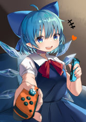 Rule 34 | +++, 1girl, :d, absurdres, ahoge, bad id, bad pixiv id, blue dress, blue eyes, blue hair, blurry, bow, breasts, cirno, commentary request, couch, cowboy shot, depth of field, dress, grey background, hair bow, heart, highres, holding, hxj (2324184595), ice, ice wings, incoming gift, looking at viewer, medium breasts, open mouth, pointy ears, simple background, smile, solo, touhou, wings