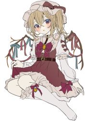 Rule 34 | 1girl, absurdres, alternate costume, ascot, belt, belt buckle, blonde hair, blue ribbon, blush, blush stickers, bow, buckle, buttons, curtsey, dress, flandre scarlet, flat color, frilled dress, frilled sleeves, frilled socks, frills, hat, hat bow, highres, juliet sleeves, kneehighs, long sleeves, medium hair, mob cap, one side up, open mouth, puffy sleeves, red bow, red dress, red eyes, red ribbon, ribbon, sitting, socks, tamagogayu1998, touhou, white hat, white socks, wing ribbon, wings, yellow gemstone