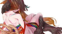 Rule 34 | 1girl, back, bare shoulders, breasts, brown hair, claws, detached sleeves, fate/grand order, fate/requiem, fate (series), gradient hair, hair between eyes, horns, japanese clothes, kijo kouyou (fate), kijo kouyou (third ascension) (fate), kimono, large breasts, long hair, looking at viewer, looking back, multicolored hair, orange hair, ponytail, rope, sash, sleeveless, sleeveless kimono, slit pupils, solo, tail, torichamaru, very long hair, white kimono, wide sleeves, yellow eyes