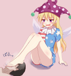 Rule 34 | 1girl, american flag dress, barefoot, blonde hair, censored, clownpiece, feet, femdom, foot on another&#039;s face, foot on head, foot worship, iberiko (soinesitai), legs, long hair, nail polish, open mouth, purple eyes, pussy, smell, toes, touhou, wings