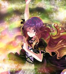 Rule 34 | 1girl, abstract, abstract background, alternate color, alternate eye color, arm up, bare arms, black dress, blinking, breasts, colorful, dress, eyebrows, feet out of frame, floating, floating clothes, floating hair, highres, hijiri byakuren, large breasts, light particles, long hair, looking at viewer, multicolored eyes, multicolored hair, one eye closed, out of frame, puffy short sleeves, puffy sleeves, shirt, short sleeves, solo, spell card, standing, sunnysideup, touhou, undefined fantastic object, upper body, wavy hair