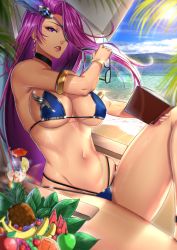 Rule 34 | 1girl, akashic chronicle, anima (togashi), armlet, bare shoulders, beach, bikini, book, breasts, choker, cleavage, glasses, hair over eyes, highres, large breasts, lesley (akashic chronicle), long hair, mole, mole under eye, mountainous horizon, navel, ocean, parted lips, purple eyes, purple hair, sitting, sky, solo, stomach, swimsuit, thighs, very long hair
