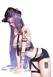 Rule 34 | 1girl, absurdres, bandeau, barcode, barcode tattoo, bare shoulders, bb aa, black survival, blue nails, breasts, chain, collar, earrings, eternal return: black survival, fingernails, hair over one eye, hat, high-waist shorts, highres, jewelry, laura (black survival), leaning on object, long hair, looking at viewer, medium breasts, nail polish, navel, prison clothes, purple eyes, purple hair, shorts, signature, simple background, stomach, sweat, tattoo, torn clothes, very long hair, white background