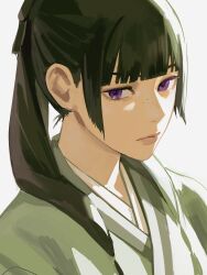 Rule 34 | 1girl, absurdres, black hair, blunt bangs, chinese clothes, commentary, english commentary, expressionless, freckles, hanfu, highres, kusuriya no hitorigoto, looking at viewer, maomao (kusuriya no hitorigoto), multi-tied hair, portrait, profile, purple eyes, solo, unfinished, uqi32