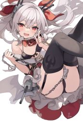 Rule 34 | 1girl, anchor, ass, azur lane, bikini, bikini top only, black bikini, black panties, black thighhighs, blush, bow, bowtie, chain, fang, floating hair, frilled skirt, frills, front-tie bikini top, front-tie top, garter straps, hair intakes, highres, holding, holding chain, index finger raised, kurige horse, legs up, looking at viewer, open mouth, panties, red bow, red bowtie, red eyes, skirt, solo, swimsuit, thighhighs, underwear, upskirt, vampire (azur lane), white hair