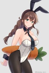 Rule 34 | 1girl, black pantyhose, braid, brown hair, carrot, carrot-shaped pillow, cowboy shot, detached collar, green eyes, hair between eyes, highres, kantai collection, leotard, looking at viewer, natsume (natsume melio), necktie, noshiro (kancolle), pantyhose, playboy bunny, simple background, solo, twin braids, white background