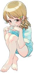 Rule 34 | 1girl, absurdres, bare legs, barefoot, blush, crossed ankles, drill hair, earrings, green shirt, green shorts, hair ornament, hairpin, highres, idolmaster, idolmaster cinderella girls, jewelry, knees up, light brown hair, looking at viewer, morikubo nono, own hands together, shirt, shorts, simple background, sitting, solo, stud earrings, sweatdrop, tears, white background, yukinuno
