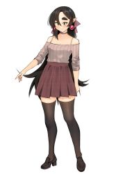 Rule 34 | 1girl, asymmetrical bangs, bad id, bad twitter id, bare shoulders, black footwear, black hair, black thighhighs, closed mouth, earrings, full body, green eyes, hair ornament, hairclip, highres, jewelry, kumaartsu, long hair, mythic live, nako ryu, off shoulder, pleated skirt, pointy ears, skirt, sleeveless, solo, thick eyebrows, thighhighs, very long hair, virtual youtuber, white background
