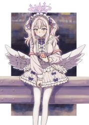 Rule 34 | 1girl, alternate costume, blue archive, blush, breasts, brilliantko, cellphone, dress, feathered wings, feet out of frame, flower, frilled dress, frills, hair flower, hair ornament, hairband, halo, highres, holding, holding phone, lolita fashion, lolita hairband, long hair, long sleeves, looking at phone, mika (blue archive), official alternate costume, pantyhose, phone, purple flower, short dress, sidelocks, smartphone, smile, solo, twintails, white pantyhose, white wings, wing ornament, wings