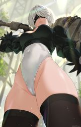 Rule 34 | 1girl, arm up, black thighhighs, blindfold, bob cut, breasts, cameltoe, cleavage, cleavage cutout, closed mouth, clothing cutout, covered navel, cowboy shot, feather-trimmed sleeves, foreshortening, from below, gloves, highleg, highleg leotard, highres, huge weapon, leotard, lips, medium breasts, mole, mole under mouth, nier:automata, nier (series), partially visible vulva, sendo (sendrawz), short shorts, shorts, silver hair, solo, thighhighs, thighs, weapon, 2b (nier:automata)