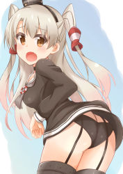 Rule 34 | 10s, 1girl, absurdres, amatsukaze (kancolle), ass, bad id, bad pixiv id, black panties, blush, brown eyes, butt crack, dress, fang, gradient background, hairband, highres, kantai collection, kapatarou, long hair, panties, sailor dress, silver hair, solo, two side up, underwear