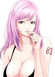Rule 34 | 1girl, bare shoulders, bikini, bikini top only, breasts, cleavage, din (raiden), female focus, finger to mouth, fingernails, hand to own mouth, large breasts, lips, long fingernails, long hair, looking at viewer, megurine luka, parted lips, pink eyes, pink hair, purple eyes, purple hair, solo, swimsuit, tattoo, vocaloid
