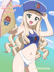 Rule 34 | 1girl, bc freedom (emblem), bc freedom military uniform, blonde hair, blush, breasts, cloud, dated, emblem, girls und panzer, green eyes, hand fan, highres, holding, holding fan, long hair, looking at viewer, marie (girls und panzer), military uniform, naotosi, navel, open mouth, outdoors, paper fan, signature, sky, small breasts, smile, solo, swimsuit, uniform