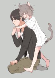 Rule 34 | 2boys, animal ears, arms around neck, barefoot, black hair, cat ears, cat tail, child, closed eyes, grey background, grey hair, highres, male focus, messy hair, multiple boys, open mouth, original, oversized clothes, oversized shirt, piko (pixiv), seiza, shirt, short hair, simple background, sitting, socks, tail, white shirt