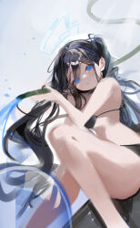 1girl absurdres aqua_halo aris_(blue_archive) bad_id bad_pixiv_id bikini black_bikini black_hair blue_archive blue_eyes hairband halo highres holding holding_hose hose renn_01 side_ponytail solo sunlight swimsuit water