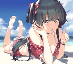 Rule 34 | 1girl, bare legs, barefoot, beach, bikini, bikini skirt, black hair, breasts, brown eyes, commentary request, day, frilled swimsuit, frills, highres, idolmaster, idolmaster shiny colors, long hair, looking at viewer, lying, mayuzumi fuyuko, medium breasts, off shoulder, on stomach, outdoors, pointing, pointing at viewer, polka dot, polka dot swimsuit, red skirt, skirt, soles, solo, swimsuit, the pose, two side up, xkirara39x