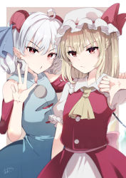 Rule 34 | 2girls, :/, aoi (annbi), ascot, blonde hair, blush, bow, crystal, dress, flandre scarlet, hat, horns, looking at viewer, mob cap, multiple girls, pointy ears, puffy short sleeves, puffy sleeves, red bow, red eyes, red ribbon, red skirt, red vest, ribbon, short hair, short sleeves, signature, skirt, skirt set, thumbs down, touhou, toutetsu yuuma, vest, wings