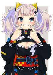 Rule 34 | absurdres, blue eyes, blue nails, blunt bangs, breasts, cleavage, cleavage cutout, clenched teeth, clothing cutout, commentary request, fingernails, grey background, highres, kaguya luna, long sleeves, looking at viewer, medium breasts, nail polish, obi, sash, smile, suzushika (13 96), teeth, the moon studio, twintails, two-tone background, virtual youtuber, white background, white hair