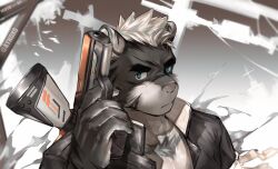 Rule 34 | 1boy, animal ears, bara, blue eyes, from above, frown, furry, furry male, grey fur, gun, gun on back, highres, holding, holding gun, holding weapon, laserbiubiu, looking at viewer, male focus, muscular, muscular male, open clothes, open shirt, original, pectoral cleavage, pectorals, short hair, solo, thick eyebrows, tiger boy, tiger ears, upper body, weapon, weapon on back, white hair