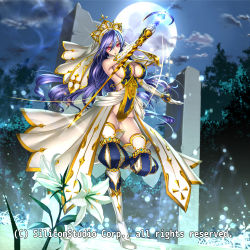 Rule 34 | 1girl, bare shoulders, blue hair, blurry, blush, boots, breasts, cleavage, commentary request, copyright name, depth of field, dress, elbow gloves, flower, forest, full body, full moon, glint, gloves, gyakushuu no fantasica, headdress, large breasts, light particles, long hair, looking at viewer, moon, nature, night, official art, original, parted lips, red eyes, revealing clothes, ryuki@maguro-ex, sideboob, solo, staff, standing, standing on one leg, thigh boots, thighhighs, white dress, white gloves