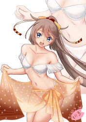 Rule 34 | 1girl, artist logo, bikini, breasts, brown hair, collarbone, commentary request, cowboy shot, dated, facing viewer, grey eyes, hair ribbon, kantai collection, kazagumo (kancolle), kazagumo kai ni (kancolle), long hair, looking to the side, moke ro, open mouth, orange sarong, ponytail, ribbon, round teeth, sarong, simple background, small breasts, solo, standing, swimsuit, teeth, upper teeth only, white background, white bikini, zoom layer