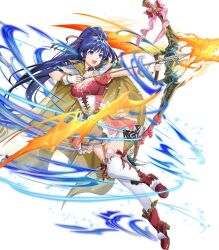 Rule 34 | 1girl, ankle boots, armor, arrow (projectile), blue eyes, blue hair, boots, bow (weapon), bracelet, braid, breasts, cape, cleavage, collar, collarbone, corset, faulds, fingerless gloves, fire emblem, fire emblem: the sacred stones, fire emblem heroes, frills, full body, gloves, high heel boots, high heels, high ponytail, highres, holding, holding bow (weapon), holding weapon, jewelry, leg up, long hair, looking away, medium breasts, mikurou (nayuta), nintendo, non-web source, official art, open mouth, ponytail, puffy short sleeves, puffy sleeves, quiver, short sleeves, shoulder armor, sidelocks, skirt, smile, solo, tana (fire emblem), thighhighs, transparent background, weapon, zettai ryouiki