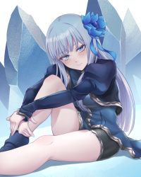 Rule 34 | 1girl, :3, black shorts, blue eyes, blue flower, blue footwear, blue hair, blue jacket, blue shirt, blush, closed mouth, feet out of frame, flower, hair flower, hair ornament, hand up, highres, ice, isekai ojisan, jacket, juliet sleeves, knee up, long hair, long sleeves, looking at viewer, mabel raybert, open clothes, open jacket, puffy sleeves, rena sakuma, shirt, short shorts, shorts, sitting, sleeves past wrists, solo, white background