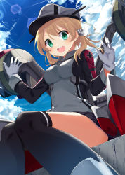 Rule 34 | 10s, 1girl, anchor, anchor hair ornament, bad id, bad pixiv id, black thighhighs, blonde hair, blue eyes, breasts, cloud, cloudy sky, day, from below, gloves, hair ornament, hat, highres, kantai collection, looking at viewer, machinery, open mouth, peaked cap, prinz eugen (kancolle), sasahara wakaba, sitting, skirt, sky, small breasts, smile, solo, teeth, thighhighs, turret, uniform