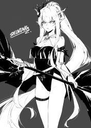Rule 34 | 1girl, absurdres, areaaaron, arknights, breasts, character name, cleavage, closed mouth, detached sleeves, dragon horns, grey background, greyscale, hair ornament, highleg, highleg leotard, highres, holding, holding sword, holding weapon, horns, leotard, long hair, looking at viewer, monochrome, official alternate costume, pointy ears, shining (arknights), shining (silent night) (arknights), simple background, single thighhigh, solo, standing, sword, thighhighs, very long hair, weapon