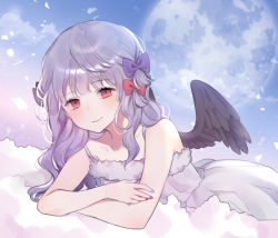 Rule 34 | 1girl, bad id, bad pixiv id, bare arms, bare shoulders, black nails, black wings, blue sky, blush, bow, closed mouth, cloud, collarbone, crossed arms, day, dress, feathered wings, fingernails, full moon, hair bow, head tilt, looking at viewer, moffle (ayabi), moon, multicolored nails, nail polish, original, outdoors, purple bow, purple hair, purple nails, red bow, red eyes, red nails, sky, sleeveless, sleeveless dress, smile, solo, white dress, wings
