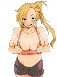 Rule 34 | 1girl, 41 (taskmaster41), black shorts, blonde hair, blush, breasts, calamity jane (fate), collarbone, earrings, facial mark, fate/grand order, fate (series), hoop earrings, jewelry, large breasts, long hair, looking at viewer, navel, open mouth, shorts, side ponytail, smile, sports bra, star (symbol), star facial mark, star tattoo, stomach, stomach tattoo, sweat, tattoo, very sweaty