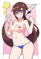 Rule 34 | 1girl, aile (mega man zx), bandaid, bandaids on nipples, bikini, blue bikini, blush, breasts, brown hair, buzzlyears, cleavage, closed mouth, collarbone, green eyes, highres, large breasts, long hair, looking at viewer, mega man (series), mega man zx, navel, nervous smile, pasties, smile, solo, sweat, swimsuit, topless, v