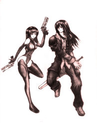 Rule 34 | 1boy, 1girl, absurdres, arm up, holding behind back, boots, breasts, dazzle (shinkonryu), dual wielding, full body, gun, handgun, highres, holding, leg up, leotard, long hair, looking at viewer, medium breasts, monochrome, original, pistol, running, sheath, sheathed, simple background, sword, thigh boots, thighhighs, weapon, white background