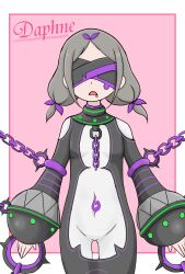 Rule 34 | 1girl, bare shoulders, blindfold, bound, bound legs, bow, broken, broken chain, chain, character name, covered eyes, daphne (re:zero), drooling, english text, grey hair, hair bow, hair ornament, highres, legbinder, long hair, makijuu, mouth drool, open mouth, re:zero kara hajimeru isekai seikatsu, restraints, short twintails, standing restraints, twintails, upright restraints