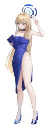 Rule 34 | 1girl, absurdres, alternate costume, alternate hairstyle, armpits, bare shoulders, blonde hair, blue archive, blue choker, blue dress, blue eyes, blue footwear, blue halo, blush, breasts, choker, closed mouth, collarbone, commentary request, dress, full body, hair intakes, halo, hand up, high heels, highres, holding, holding tablet pc, large breasts, light smile, looking at viewer, mechanical halo, side slit, simple background, solo, standing, starblue, tablet pc, thighs, toki (blue archive), v, white background