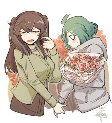 2girls ahoge akoya_matama anemo_nemo aqua_hair border bouquet breasts brown_hair brown_pants buttons closed_eyes closed_mouth couple cropped_legs double-parted_bangs dress-shirt embarrassed facing_away fading_border fang flower green_shirt grey_hoodie grey_outline guagua977 hair_between_eyes hand_up holding holding_bouquet holding_hands hood hood_down hoodie index_finger_raised large_breasts looking_at_hand mahou_shoujo_ni_akogarete medium_hair multiple_girls open_mouth pants partially_unbuttoned red_flower red_rose rose shirt sweatdrop sweater sweater_under_shirt turtleneck turtleneck_sweater twintails upper_body yuri