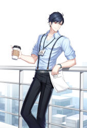Rule 34 | 1boy, 2022, against railing, alternate hair color, belt, black hair, black pants, blue shirt, building, business suit, closers, coffee cup, collared shirt, cup, disposable cup, dress shirt, feet out of frame, formal, grey belt, highres, holding, holding cup, holding paper, id card, lanyard, looking to the side, male focus, official art, pant suit, pants, paper, paperclip, railing, red eyes, salaryman, shirt, short hair, sleeves pushed up, smile, solo, standing, suit, suspenders, turning head, watch, white background, wolfgang schneider, wristwatch