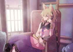 Rule 34 | 1girl, absurdres, bracelet, breasts, earmuffs, feet out of frame, highres, holding, indoors, jewelry, kawayabug, light brown hair, medium hair, on chair, pink shirt, pointy hair, purple skirt, ritual baton, shirt, sitting, skirt, sleeveless, sleeveless shirt, small breasts, smile, solo, sword, touhou, toyosatomimi no miko, weapon, yellow eyes