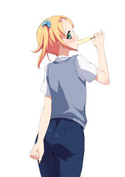 Rule 34 | 1boy, androgynous, arm behind back, ass, bad id, bad pixiv id, blue ribbon, blush, eating, ereraero, food, from behind, green eyes, hair ornament, hair ribbon, hairclip, looking back, male focus, orange hair, pants, popsicle, profile, ribbon, short sleeves, simple background, solo, standing, trap, uniform, vest, white background