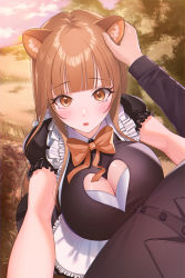 Rule 34 | 1girl, absurdres, animal ears, bad id, bad pixiv id, blush, breasts, brown eyes, brown hair, cleavage, cloud, collar, collared shirt, field, highres, huge breasts, lichiko, looking at viewer, maid, open mouth, pov, raccoon girl, ribbon, shirt, sky, solo, tearing up