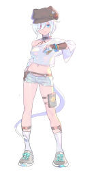 Rule 34 | 1girl, absurdres, blue eyes, blue shorts, bracelet, breasts, brown hat, choker, closed mouth, covered horns, cropped shirt, demon girl, demon tail, denim, denim shorts, enkyo yuuichirou, hat, hat pin, heterochromia, highres, horns, jewelry, legwear garter, looking at viewer, medium breasts, micro shorts, midriff, navel, off-shoulder shirt, off shoulder, original, pink eyes, shirt, shoes, shorts, simple background, smile, socks, solo, standing, tail, torn clothes, torn shorts, white background, white shirt, white socks