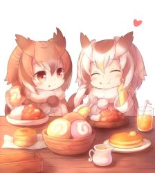 Rule 34 | 10s, 2girls, bowl, brown eyes, brown hair, butter, chewing, closed eyes, coat, cup, curry, drinking glass, eating, eurasian eagle owl (kemono friends), food, food on face, food request, fur trim, gloves, hand on own face, heart, holding, holding food, holding spoon, ice, ice cube, japari bun, kemono friends, looking at another, matsuu (akiomoi), medium hair, multicolored hair, multiple girls, napkin, northern white-faced owl (kemono friends), pancake, pitcher (container), plate, pom pom (cheerleading), pom pom (clothes), sitting, spoon, straw, table, white background, white hair, yellow gloves
