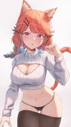 Rule 34 | 1girl, :o, absurdres, animal ear fluff, animal ears, black pantyhose, blush, braid, breasts, cat ears, cat girl, cat tail, cleavage, cleavage cutout, clothes pull, clothing cutout, cowboy shot, crop top, hair ornament, hairclip, hand up, highres, hololive, hololive english, kemonomimi mode, large breasts, long sleeves, looking at viewer, multicolored hair, navel, orange hair, orange tail, panties, pantyhose, pantyhose pull, parted lips, red eyes, shironekokfp, sidelocks, simple background, skindentation, solo, stomach, string panties, swept bangs, tail, takanashi kiara, turtleneck, turtleneck crop top, underwear, virtual youtuber, white background