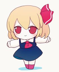 Rule 34 | 1girl, ascot, black dress, blonde hair, character doll, collared shirt, dress, fumo (doll), hair between eyes, hair ribbon, highres, outstretched arms, red ascot, red eyes, red footwear, red ribbon, rei (tonbo0430), ribbon, rumia, shirt, short hair, simple background, solo, spread arms, t-pose, touhou, white background, white shirt
