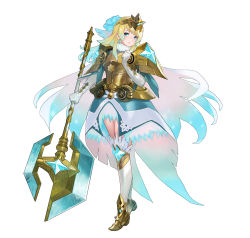 Rule 34 | 1girl, absurdres, armor, armored boots, armored dress, axe, battle axe, blonde hair, blue eyes, blue hair, boots, breastplate, cape, commentary, dress, earrings, feather trim, fire emblem, fire emblem heroes, fjorm (fire emblem), full body, fur trim, gloves, gradient clothes, gradient hair, highres, holding, holding weapon, jewelry, long sleeves, looking at viewer, maeshima shigeki, medium hair, multicolored hair, nintendo, shoulder armor, simple background, solo, thighhighs, tiara, two-tone hair, weapon, white background, zettai ryouiki