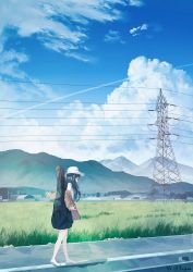 Rule 34 | 1girl, absurdres, arms at sides, barefoot, black hair, blouse, blue sky, brown jacket, building, cloud, commentary request, contrail, cumulonimbus cloud, day, feet, field, guitar case, highres, hill, instrument case, jacket, kumagaya nono, landscape, long hair, mountain, original, outdoors, power lines, rice paddy, road, rural, scenery, shirt, sidewalk, sky, toes, transmission tower, walking, white headwear, white shirt