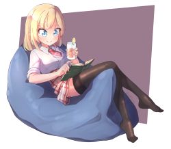 Rule 34 | 1girl, bean bag chair, beige skirt, black thighhighs, blonde hair, blue eyes, book, closed mouth, collared shirt, commentary, crossed legs, cup, english commentary, glass, high-waist skirt, highres, holding, holding book, holding cup, hololive, hololive english, iced tea, kiirokuma, necktie, no shoes, open book, plaid, plaid skirt, reading, red necktie, shirt, short hair, short necktie, short sleeves, sidelocks, sitting, skirt, sleeves rolled up, smile, solo, thighhighs, virtual youtuber, watson amelia, white shirt